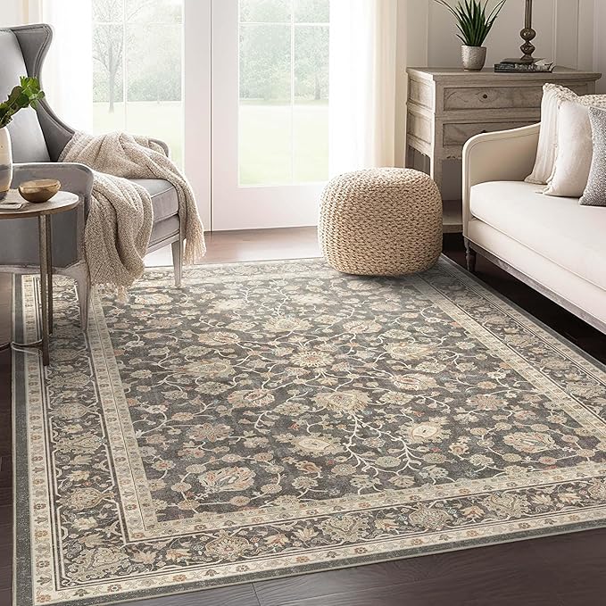 Well Woven Asha Rome Charcoal Brown 6' x 9' Area Rug - Oriental Floral Pattern, Easy Clean, Floor-Friendly Backing - for Living Room, Bedroom, and Dining Room