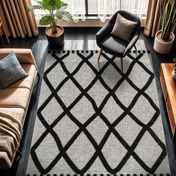 CAMILSON Modern Rug 10x14 Luxury Diamond Pattern Large Micro Loop Area Rugs Soft High-Low Pile Stain Resistant Easy to Clean Non-Shedding Durable Living Room Bedroom Indoor Carpet (Black/Gray)