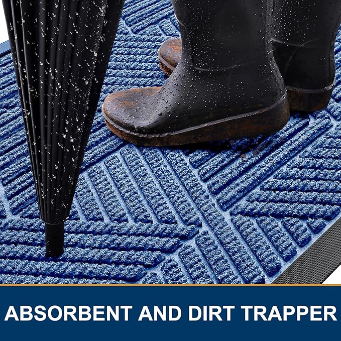 Kitinjoy Front Door Mat Outside Entrance, Sturdy Natural Dirt Trapper, Heavy Duty Rubber Doormat, Low Profile Non-Slip Backing, Easy Clean Floor Mat for Indoor Outdoor Entry, 29.5X17 Inch, Blue