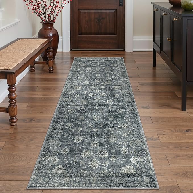 GENIMO Runner Rug 2'6''x6 Non Slip Machine Washable Vintage Hallway Runner Rug, Low Pile Lightweight Rugs for Entryway, Hallway, Kitchen and Corridor, Ashen Taupe