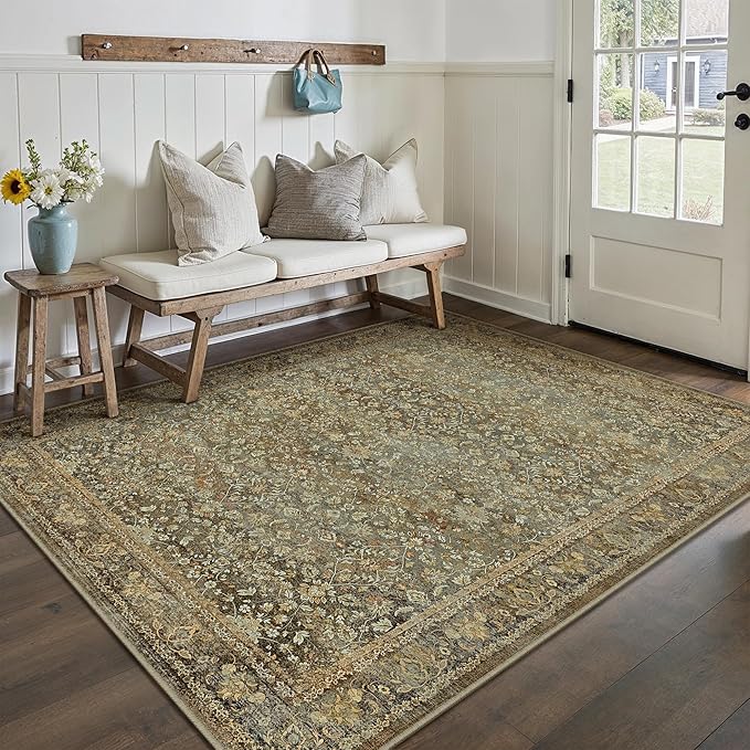 Area Rug 5x7 Brown Living Room Washable Vintage Carpet Non Slip Indoor Retro Traditional Accent Throw Large Rug for Office Kitchen Bedroom Dining Room