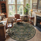 6ft Round Area Rugs for Living Room, Washable Floral Circle Rug Non Slip Low Pile, Vintage Boho Botanical Birds Throw Carpet for Farmhouse, Bedroom, Dining Room, Retro Gold/Green