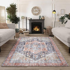 Bloom Rugs Washable Non-Slip 5' x 7' Rug - Terracotta/Blue Traditional Medallion Area Rug for Living Room, Bedroom, Dining Room, and Kitchen - Exact Size: 5' x 7'
