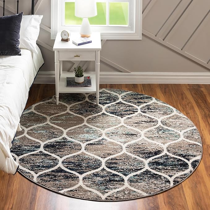 Rugs.com Lattice Frieze Collection Rug – 7' Round Blue Multi Medium Rug Perfect for Kitchens, Dining Rooms