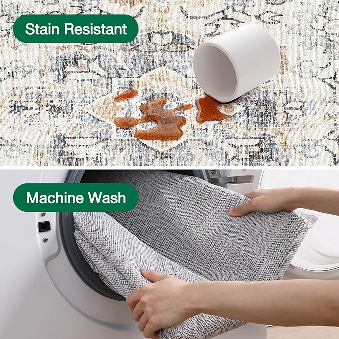 LUMI Washable Area Rug 5x8 for Living Room, Ultra Soft Stain Resistant Carpet with Non Slip Rubber Backing, Non-Shedding Low Pile Rugs for Bedroom, Dining Room, Indoor, Office