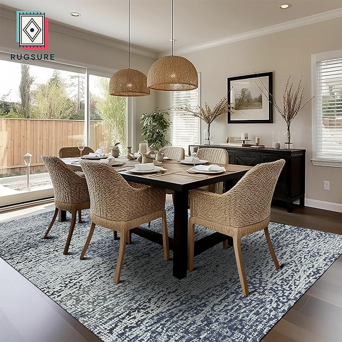 RUGSURE Washable Area Rug - 1/6 Thick - Stain & Water Resistant Non-Slip - Resistant Rug for Living Room, Bedroom, Nursery, Pet & Child Friendly, Vintage Charm Area Rugs (Grey+LightTeal, 9' x 12')