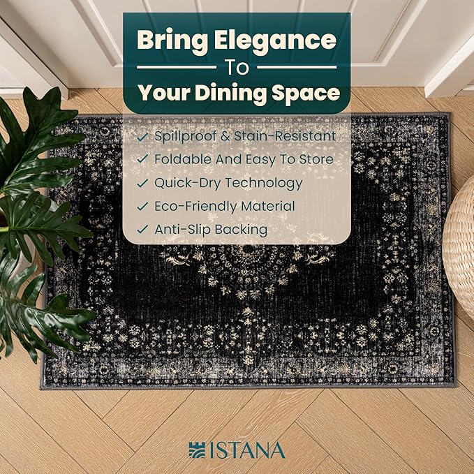 Istana 2x3 Area Rug - Black Boho Rugs for Living Room 2x3 - Foldable Small Rugs for Bedroom - Stain Resistant Washable Rug Non Slip - Eco-Friendly Area Rugs Indoor