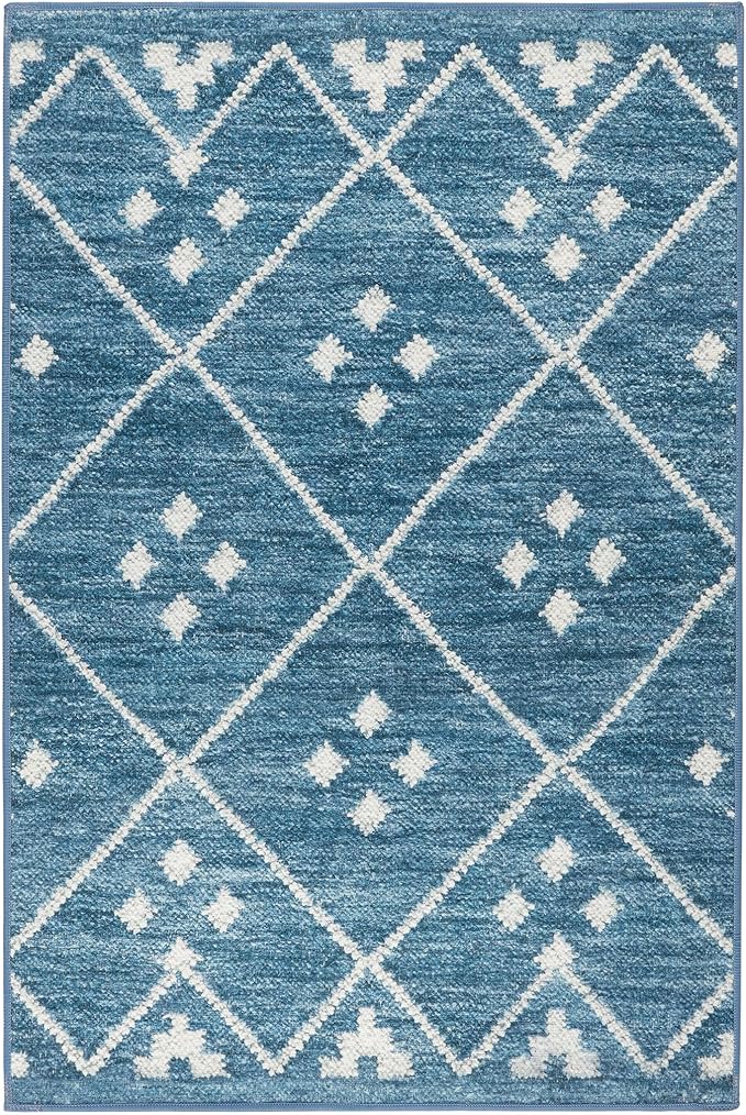Dash and Albert Kota Machine Washable Area Rug - 3' x 5' Indigo - Diamond Accent Rug - Anti-Slip Backing, Lightweight, Machine Washable, High Traffic Areas Kitchen, Mudroom, Laundry Room