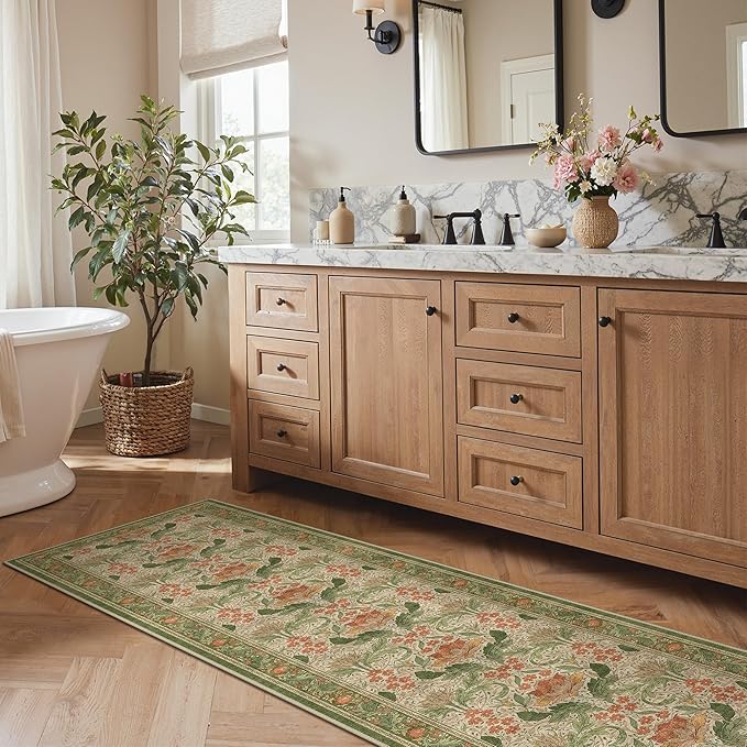 Bavni 2'6''x10 Runner Rug,Microfiber Washable Non-Slip Vintage Floral Rugs,Low Pile Lightweight Carpet for Bedroom,Hallway,Entryway,Kitchen,Bathroom, Sage Green & Burnt Orange