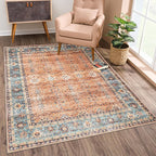 Bloom Rugs Washable Non-Slip 4' x 6' Rug - Orange/Teal Blue Traditional Bordered Area Rug for Living Room, Bedroom, Dining Room, and Kitchen - Exact Size: 4' x 6'