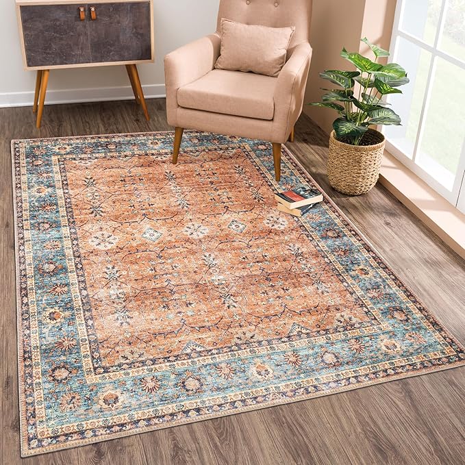 Bloom Rugs Washable Non-Slip 5' x 7' Rug - Orange/Teal Blue Traditional Bordered Area Rug for Living Room, Bedroom, Dining Room, and Kitchen - Exact Size: 5' x 7'