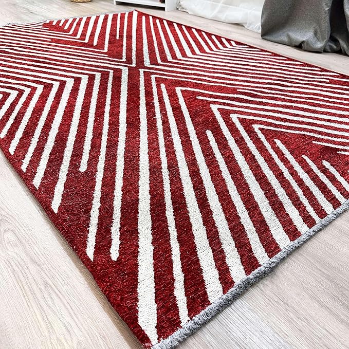 Alfa Rich 5x8 Geometric Red Burgundy Off White Washable Area Rugs for Living Room Bedroom Cotton Rug
