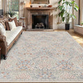 6x9 Floral Washable Area Rugs for Living Room, Vintage Boho Large Rug for Bedroom Dining Room， Distressed Botanical Birds Non Slip Low Pile Forest Animal Throw Carpet for Farmhouse Office, Beige Blue