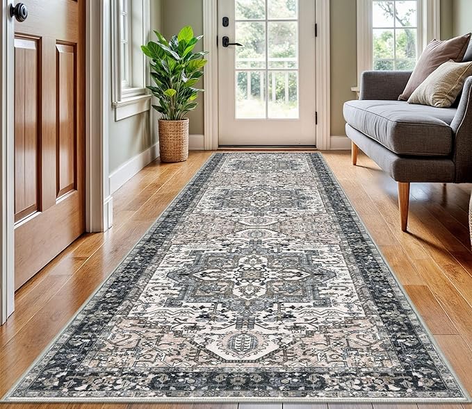 KOZYFLY Long Runners for Hallways 3x10 Ft Washable Kitchen Rug Faux Wool Printed Stair Runner Floor Carpet for Bedroom Entryway Stairs Kitchen Hall Indoor Use, Black/Taupe/Beige