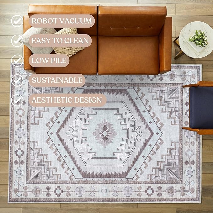Fame Living Washable Area Rug. Modern Farmhouse. Vintage. Turkish. Bohemian. Distressed. Oriental. Traditional. Rugs for Living Room. Dining. Bedroom. Office. Entryway. Foyer. (856BrC, 2'5" x 9'8")