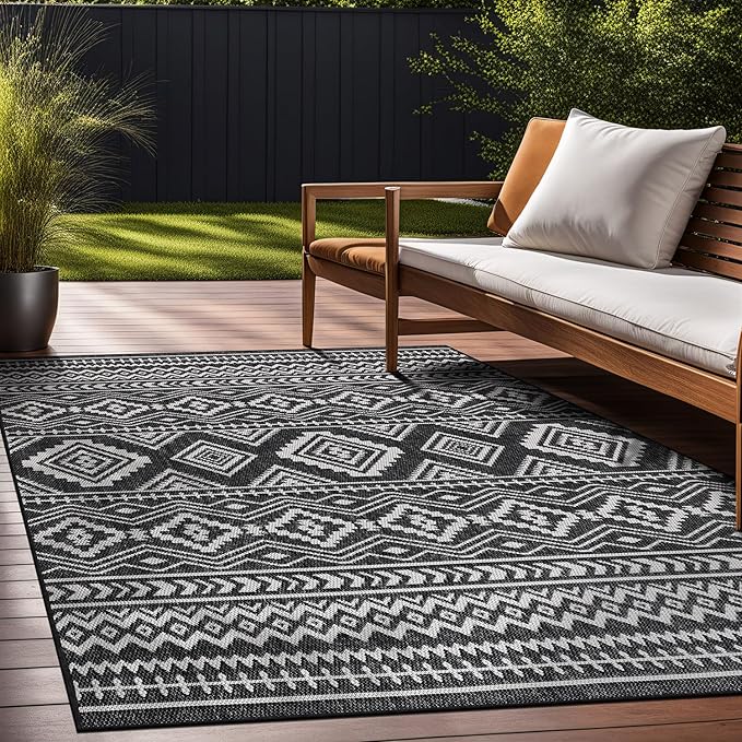 Beverly Rug Waikiki Boho Indoor Outdoor Rug 8x10, Washable Outside Carpet for Patio, Deck, Porch, Bohemian Area Rug, Farmhouse Rugs, Aztec Tribal Rug, Black and White