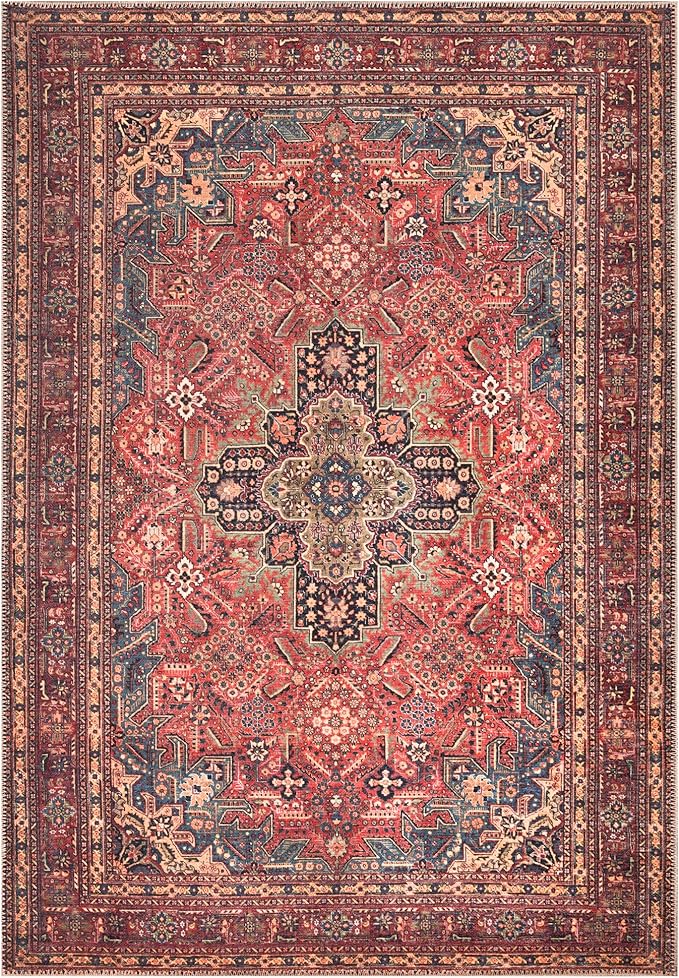 Bloom Rugs Washable Non-Slip 4' x 6' Rug - Red/Teal Blue/Yellow Traditional Medallion Area Rug for Living Room, Bedroom, Dining Room, and Kitchen - Exact Size: 4' x 6'