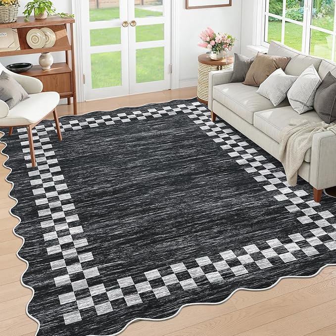 GarveeHome 10x13 Area Rug Large Living Room Scalloped Rug Non Slip Low Pile Bedroom Throw Carpet Soft Modern Bordered Dining Room Rug Stain Resistant Boho Carpet for Home Office, Grey