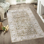 jinchan Fiora Floral 3x5 Area Rug for Entryway - Machine Washable Taupe Vintage Distressed Design Doormat Non-Slip Ultra-Thin Low Pile Boho Rug for Kitchen Living Room Bedroom Farmhouse (3'x5', Taupe)