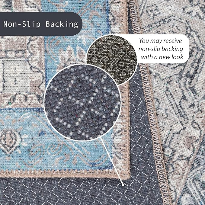 GLN Rugs Traditional Collection - Machine Washable Area Rug, Traditional Washable, Non Slip, Low Pile Chenille Rug, Living Room, Bedroom, Kitchen Rug (8' x 10' Brown/Blue)