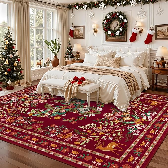 6x9 Area Rugs Living Room Rug: Christmas Washable Rug Floral Soft Carpet Indoor Floor Non-Slip Boho Stain Resistant Large Carpets for Bedroom Kids Nursery Dining Room Farmhouse Home Office Red