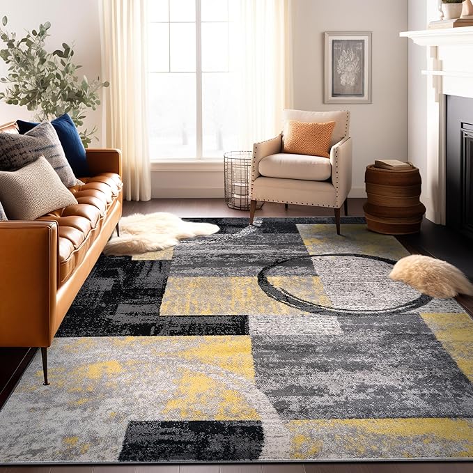 Rugshop Contemporary Circle Design Area Rug, Non-Shedding Carpet for Living Room, Bedroom, or Dining Room, Yellow, 10' x 14'