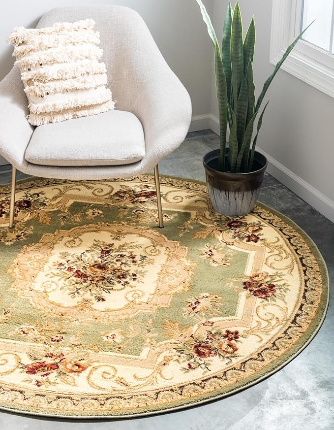 Rugs.com Chateau Collection Rug – 8 Ft Round Green Medium Rug Perfect for Kitchens, Dining Rooms