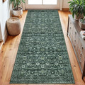 Vintage Floral 2.6x8 Runner Rug, Dark Green Washable Kitchen Runner Rug Non-Slip Hallway Rug Runner Boho Thin Printed Faux Wool Super Soft Carpet for Entryway Bedroom Laundry Room Indoor
