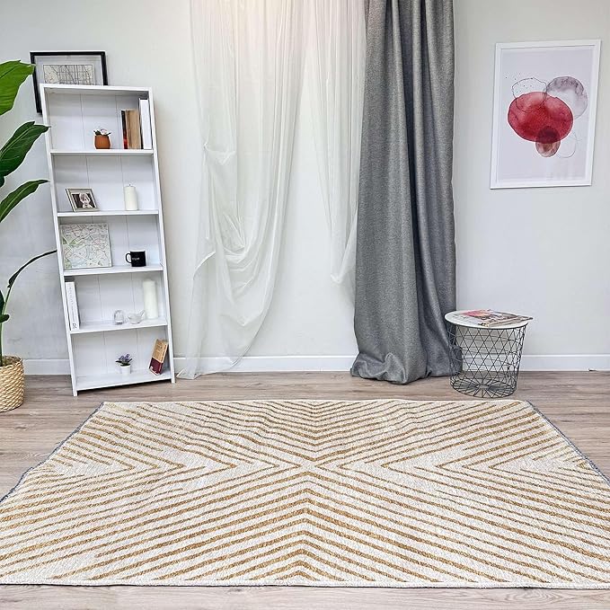 Alfa Rich 7x10 Geometric Gold Off White Washable Area Rugs for Living Room Bedroom Cotton Rug