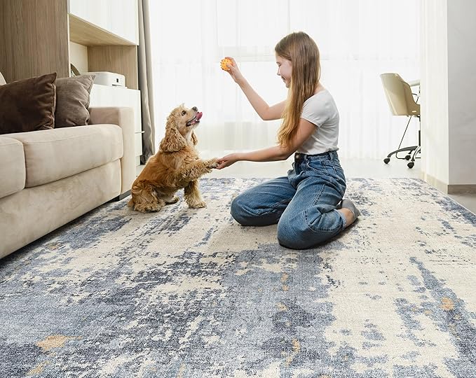5x7 Area Rug Living Room Rugs - Washable Neutral Modern Abstract Soft Thin Rug Indoor Floor No Slip Rug Carpet for Bedroom Under Dining Table Home Office Decor - Blue/Light Brown