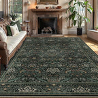 6x9 Floral Washable Area Rug for Living Room, Vintage Boho Large Rug for Bedroom Dining Room， Distressed Botanical Birds Non Slip Low Pile Forest Animal Throw Carpet for Farmhouse Office, Dark Green