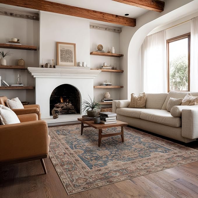 Kuden 6x9 Area Rug, Machine Washable Area Rug with Non-Slip Backing, Vintage Style, Soft, Easy Clean, Low Pile Rug for Living Room, Bedroom, Dining Room