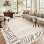 GarveeHome Modern Rugs for Living Room 8x10 Large Bordered Floor Mats with Non-Slip Backing, Stain-Resistant Bedroom Carpet, Foldable Geometric Indoor Rug for Dining Room, Kitchen, Beige