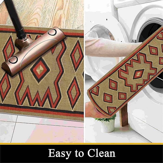 Brown Base Red Black Diamond Runner Rug, 3x8ft Zigzag Pattern Hallway Runner Rug, Corridor & Foyer High-Traffic Area Rugs, Durable Flannel Carpet Non-Slip Mat, Southwestern Home Decor