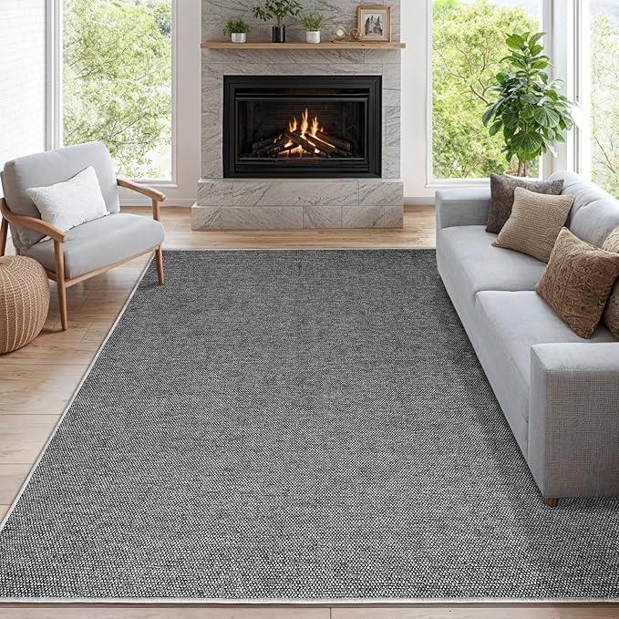 LBRO2M Easy Jute Solid Area Rug 9X12 Washable Rugs for Living Room Bedroom Natural Jute Look Indoor Outdoor Rug Durable, Solid Non Shedding Eco Friendly (9X12 Black Gray)