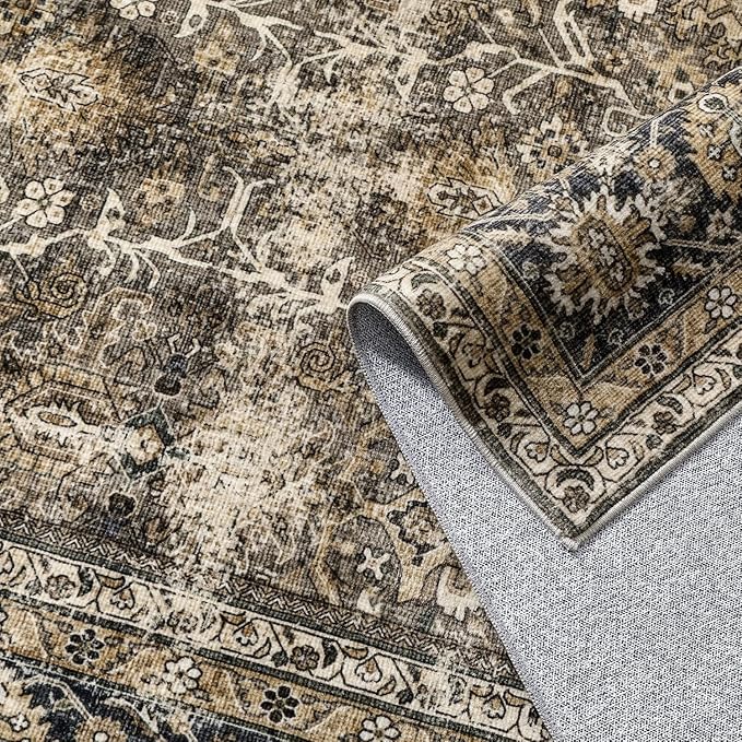 Brown Runner Rug 2x14 Vintage Area Carpet Hallway Long Indoor Kitchen Washable Living Room Low Pile Traditional Distressed Retro Accent Throw Rug Non Slip Laundry Bathroom Office Dining Room