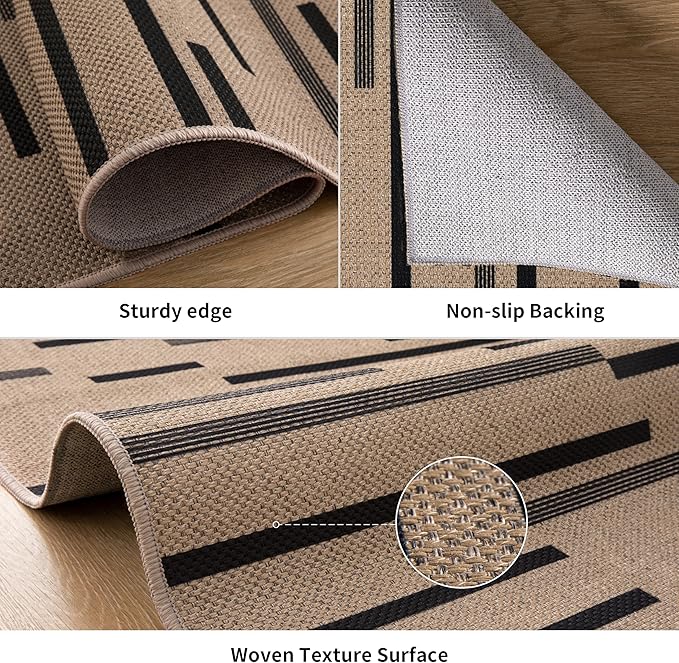 Tangsoo Stripe Easy Jute Rug,Ultra Thin 3x5 Washable Area Rug for Bedroom,Non-Slip Black Indoor Outdoor Rug Modern Low Pile Carpet Farmhouse Non Shedding Mat for Patio Backyard Entryway