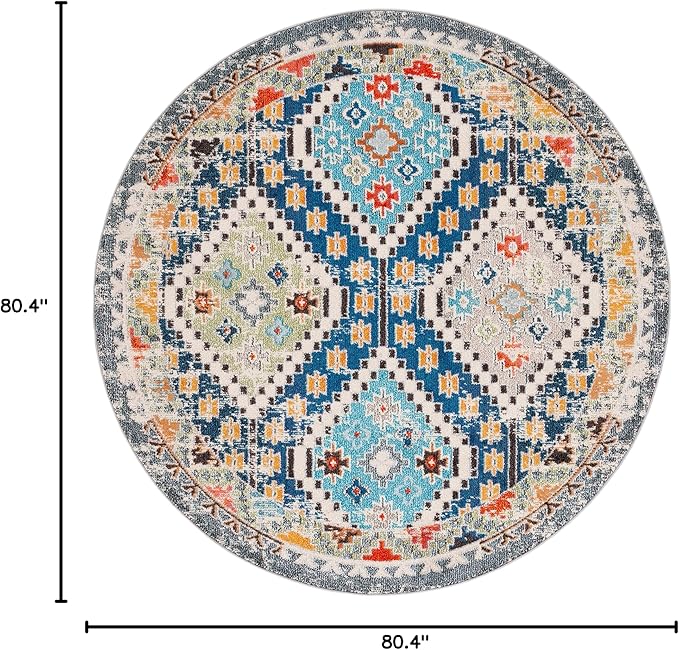 SAFAVIEH Madison Collection 6'7" Round Navy/Beige MAD418M Boho Diamond Distressed Non-Shedding Entryway Foyer Living Room Bedroom Kitchen Area Rug