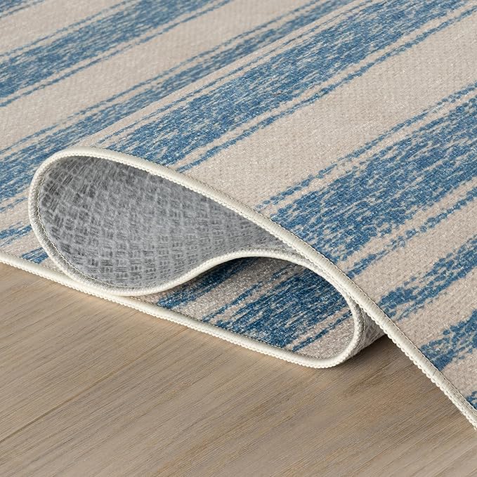 Dash & Albert Vion Blue Machine Washable Rug, 4 X 6 Feet, Blue/Grey Stripe Pattern