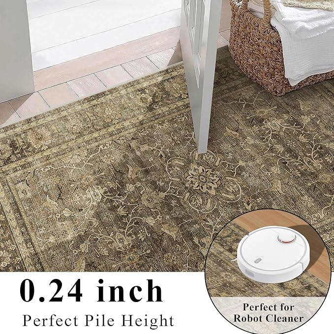 HelloTree Vintage Area Rug 4x6 Brown Entryway Office Washable Carpet Non Slip Backing Printed Distressed Rugs for Bedroom Vintage Boho Tribal Area Rugs for Bathroom Bedroom Dining Living Room-Brown