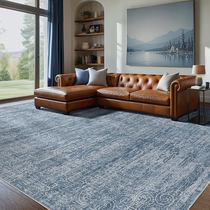 Area Rug Living Room Rugs - 10x12 Washable Large Soft Indoor Neutral Modern Abstract Low Pile Rug Carpet for Bedroom Dining Room Farmhouse Home Office - Dark Blue