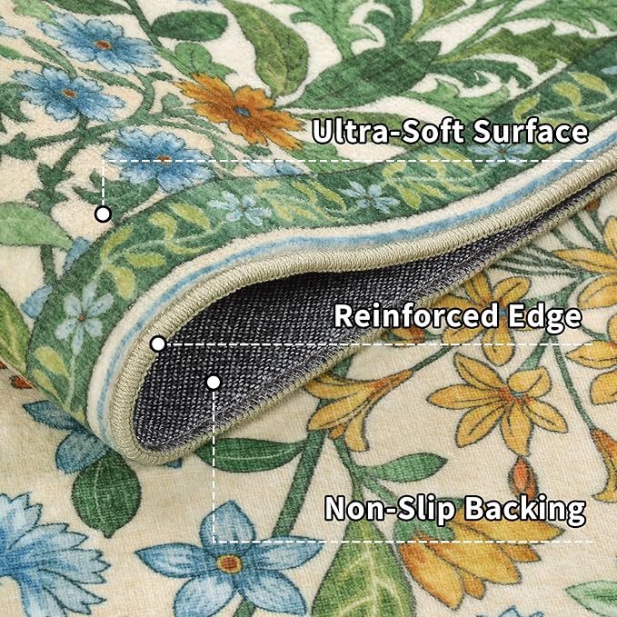 4x6 Grass Green Floral Boho Area Rug,Low-Pile Stain Resistant Non-Slip Machine Washable Carpet for Living Room,Bedroom, Kitchen,Entryway,Dining Room, Nursery