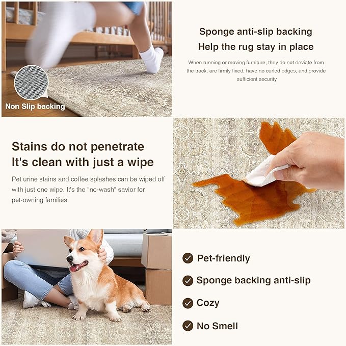 HUGEAR 8x10 Washable Area Rug Beige Vintage Neutral Living Room Rug Large Soft Non Slip Distressed Carpet Low Pile Pet Friendly for Bedroom Dining Room