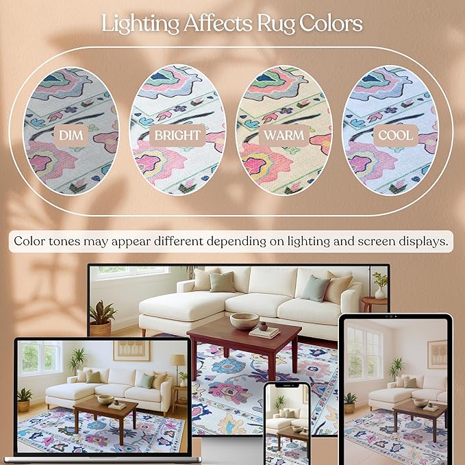 Fame Living Colorful Oushak Rug, Modern, Vintage, Turkish, Eclectic, Floral, Pastel, Washable, Large Area Rugs for Living Room, Dining, Bedroom, Girls, Boys, 7'5"x9'8"
