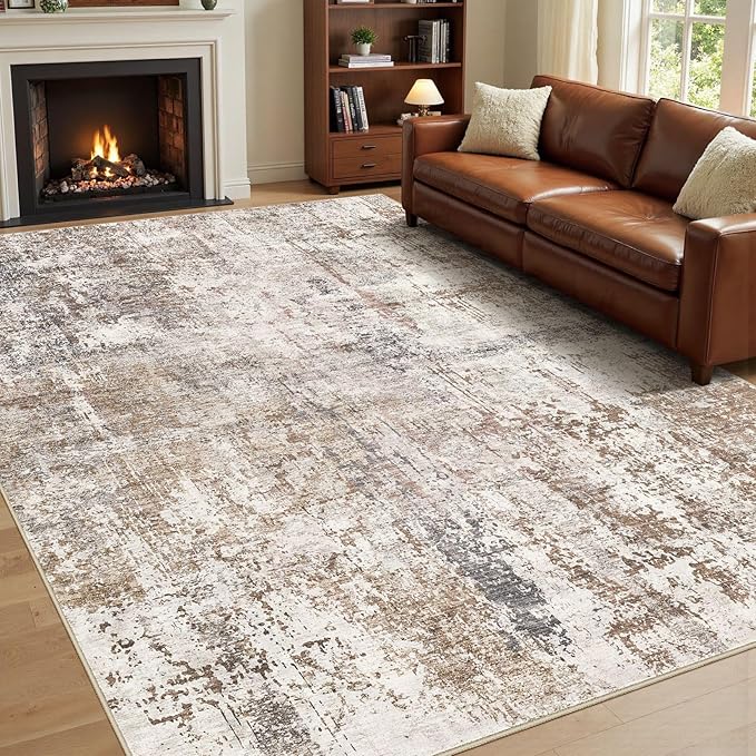 Area Rug Living Room Rugs - Washable Neutral Modern Abstract Soft Thin Rug Indoor Floor No Slip Rug Carpet for Bedroom Under Dining Table Home Office Decor - Brown/Grey/Red - 5x7