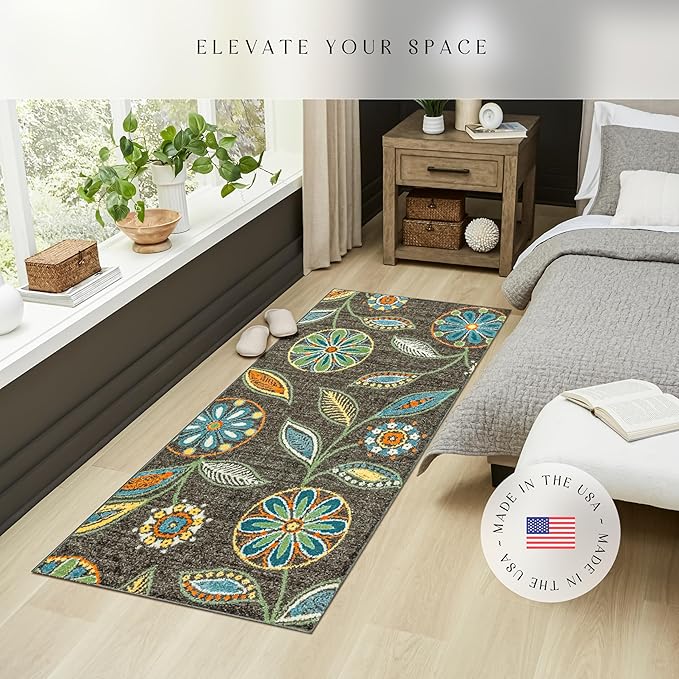 Maples Rugs Reggie Floral Runner Rug - Made in USA - Washable, Non Slip Indoor Carpet for Kitchen, Hallway, and Laundry Room, 2'6" x 5', Dark Grey