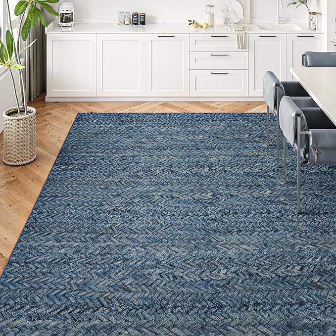 Eleisa Modern Vintage 5x7 Herringbone Chevron Area Rug for Living Room, Blue, Non-Slip Stain Resistant Washable Rug, Farmhouse Home Decor Carpet for Bedroom, Kitchen, Dining Room