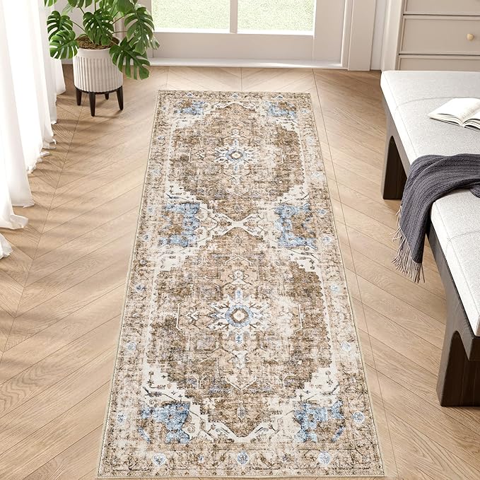 jinchan Kelda Runner Rug 2x6 Washable Rug Soft Hallway Runner Indoor Vintage Print Floor Cover Retro Distressed Lightweight Non-Slip Thin Carpet for Bathroom Kitchen Living Room Bedroom Brick Red