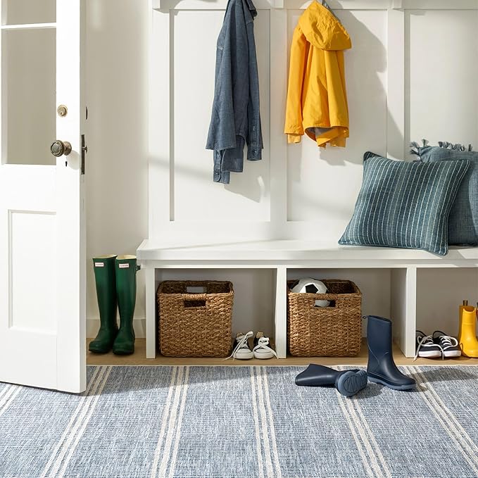Dash and Albert Malta Blue Machine Washable Area Rug - 3' x 5' Blue Stripe Washable Accent Rug - Durable, High Traffic Areas Kitchen, Mudroom, Hallways