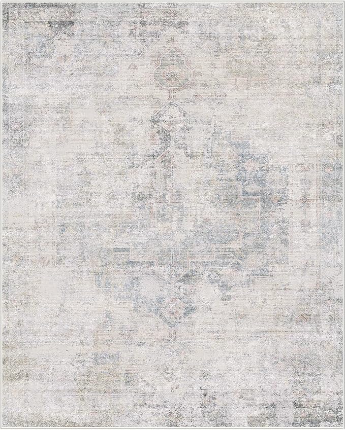Light Blue Area Rugs 8x12 for Living Room - Abstract Medallion Blue Gray Rug for Bedroom, Dining Room Under Table, Washable Non Slip, Fade & Stain Resistance